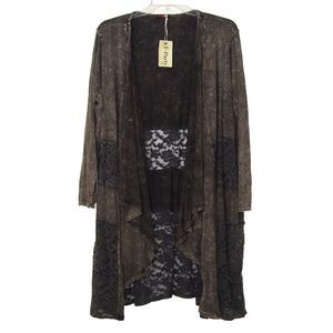 NWT T-PARTY Black Brown Long Line Waterfall Front Lace Accent Cardigan Size 1X